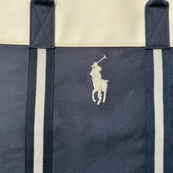Polo Ralph Lauren Navy Canvas Leather Trim Large Tote Travel Carryall Bag - Picture 3 of 7
